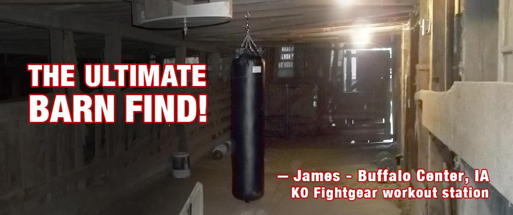 EThe Ultimate Barn Find KO Fightgear Muay Thai Heavy Bag hanging a barn.